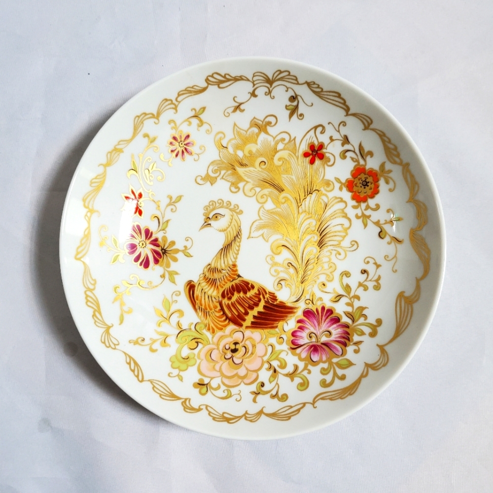 Vintage Kaiser Gold Peacock Shallow Bowl Trinket Dish